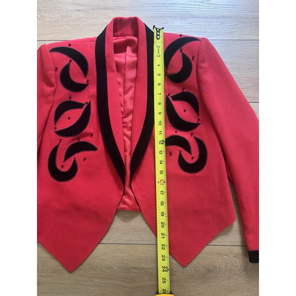 Vintage 80s 90s Red Black Beaded Cropped Short Jacket Open Front Statement MED - Picture 12 of 16